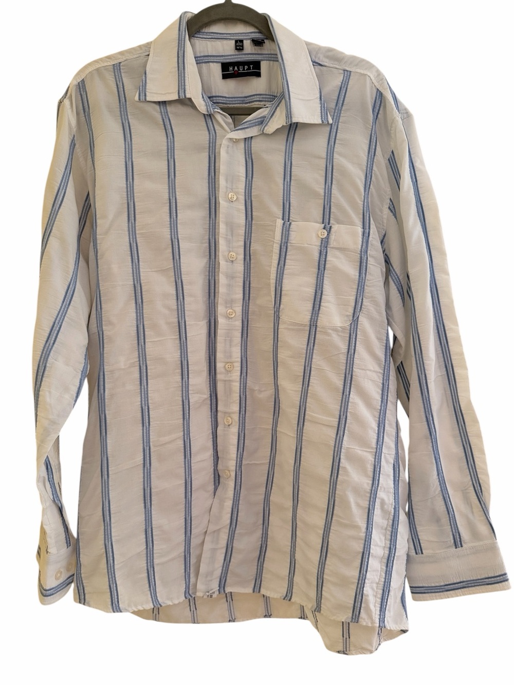 Haupt  White and Blue Stripe Textured Cotton Button-Up Shirt L